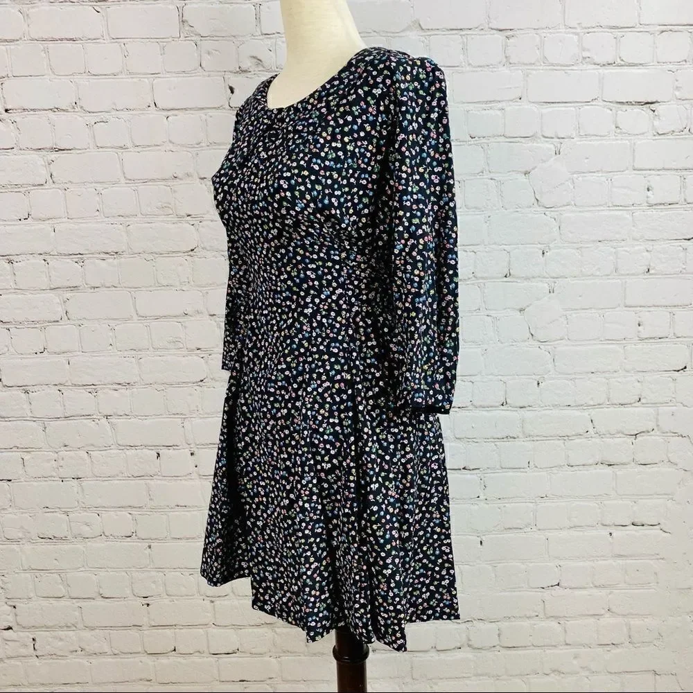 VTG 80s SL Petite Dagger Collar Navy Floral Tie Back Mini Dress Long Sleeves